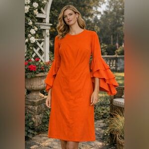 Club London Orange Ruffle Sleeve Midi Dress | Size 12